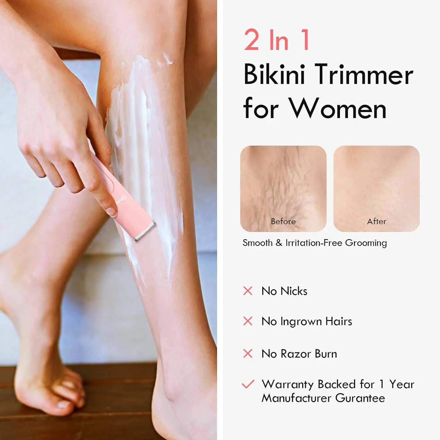 Donper Bikini Trimmer for Women, 2 in 1 Electric Razors for Shower&Travel, IPX7 Waterproof Pubic Hair Remover for Underarm, Legs & Bikini Area, Painless Razor,Hypoallergenic Foil & Ceramic Blades